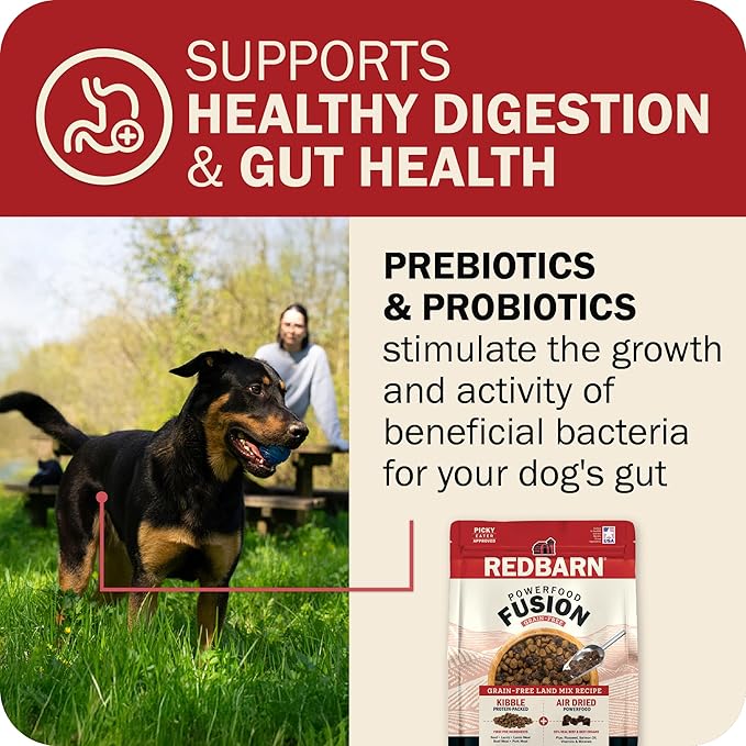 Redbarn Powerfood Fusion Air Dried Kibble Blend – Grain Free Land Beef Lamb Recipe – Made in USA Adult Dry Dog Food with Superfoods, Prebiotics, Postbiotics - 3.5lb Bag