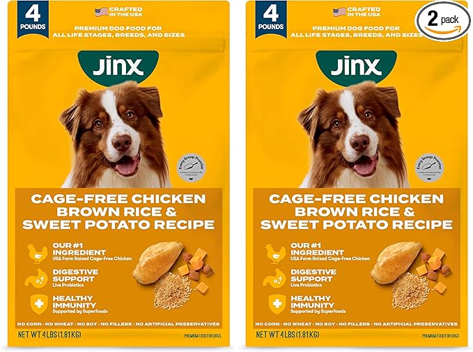 Jinx Premium Dry Dog Food, for All Lifestages - Real Chicken, Brown Rice & Sweet Potato Kibble with Superfoods for Immune Support & Probiotics for Digestive Support - No Fillers - 4lb (Pack of 2)