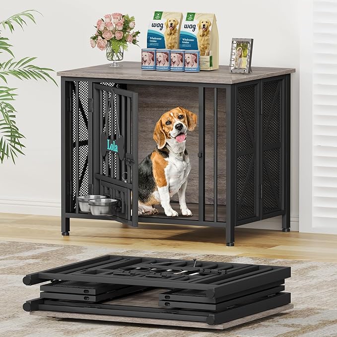 EasyCom Foldable Dog Crate Furniture, 31.5" Dog Crates for Small/Medium Dogs, Wooden Dog Kennel Indoor with Tag & Adjustable Dog Bowls, Dog Cage Use as End Table/TV Stand, Oak Grey