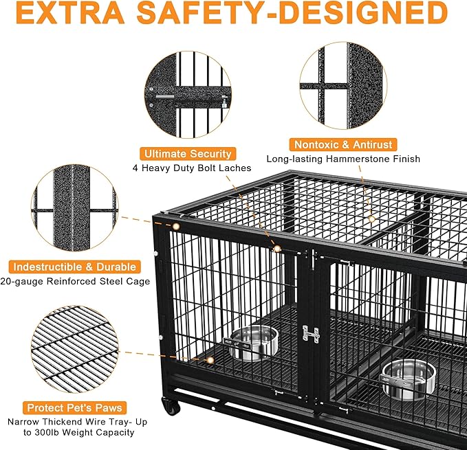48 inch Heavy Duty Dog Crate for Large Dogs, Stackable Dog Kennels and Metal Wire Cages with Feeding Bowls, Leak-Proof Pans, Removable Wire Trays and Divider, Extra Large XL XXL