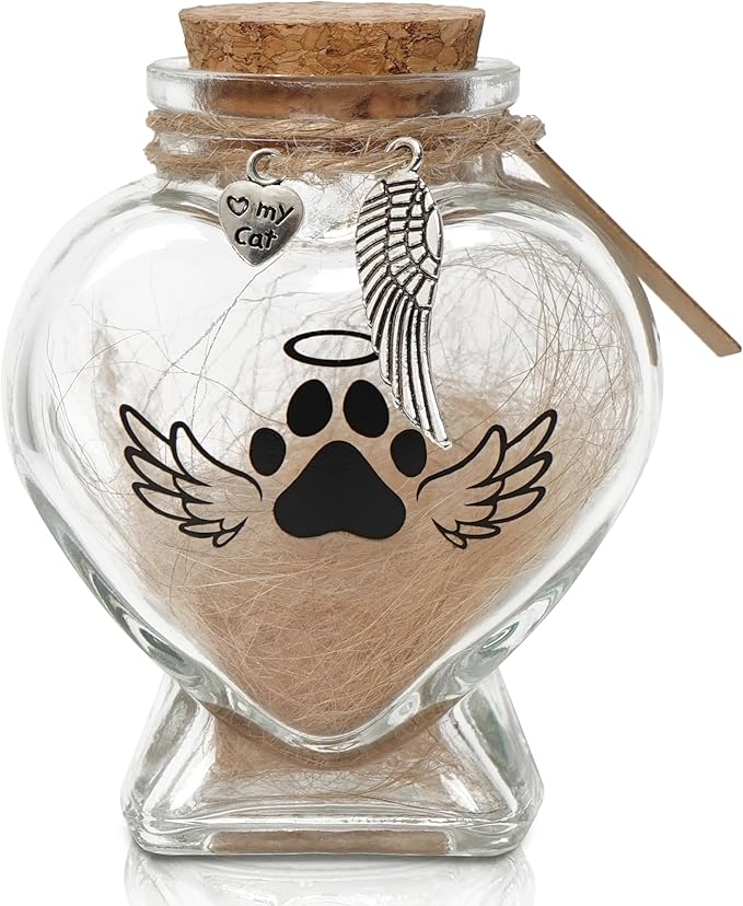 Pet Memorial Gift for Loss of Cat, Heart Shape Glass Jar & Bottle for Fur, Hair, Whiskers or Ashes Keepsake Urn with Cork Top, Charms for Cute Rainbow Bridge Memorial