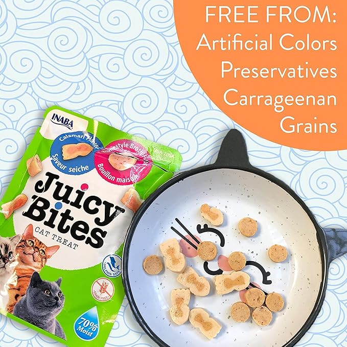 INABA Juicy Bites Grain-Free, Soft, Moist, Chewy Cat Treats with Vitamin E and Green Tea Extract, 0.4 Ounces per Pouch, 9 Pouches Total (3 per Bag), Scallop and Crab Flavor