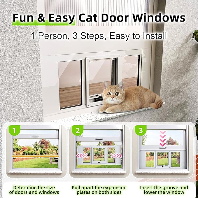 Cat Door for Window, Aluminum Cat Door Window Insert with 4 Secure Lock Modes, Magnectic Closure for Cats, Fit Window Width 36"-40", White