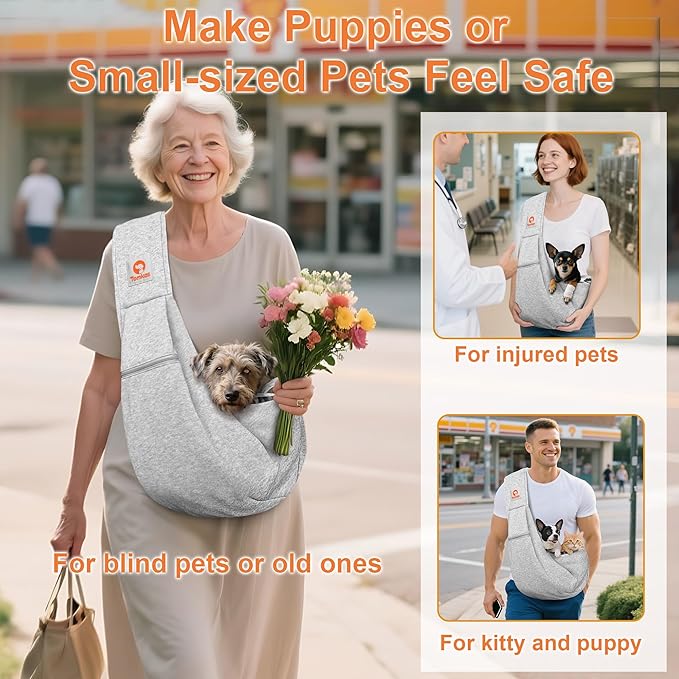 Tomkas Small Dog Sling Carrier - Zipper Pocket & Adjustable Strap - for 3-10 lbs Pets(Grey) Puppy