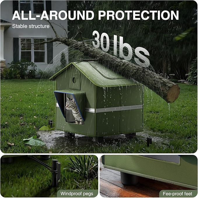 Heated Outdoor Cat House for Outside with Cat Toys and Roof Window Feral Stray Shelter Weatherproof in Garage Yard Porch (with Dual Camera Ports)