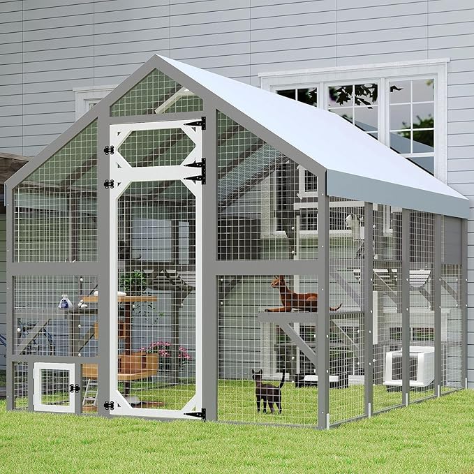 Extra Large Catio Outdoor Cat Enclosure Waterproof, Walk-in Outdoor Pet House for Multiple Cats, Catio Cat Run Cage with Bridges, Weatherproof Full Cover, 8 Platforms, 2 Resting Box