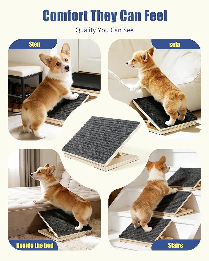 Pet Stair Ramp for Small Dogs, 4 Pack Foldable Wooden Dog Steps for Stairs, Anti-Slip Low-Angle Support for Senior, Short-Legged & Injured Pets