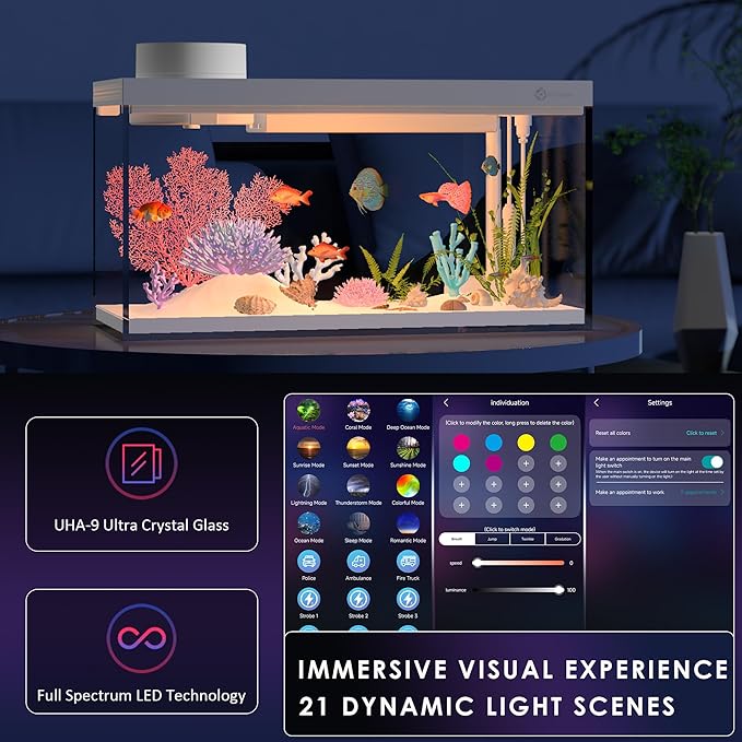 Smart Fish Tank Aquarium Kit with APP Control and Auto Feeder -1.5 Gal Fish Tank Multi-Layer Filtration System Silent Pump & UHD Glass -16 Million DIY Colors Includes Mini Magnetic Scrubber Scraper