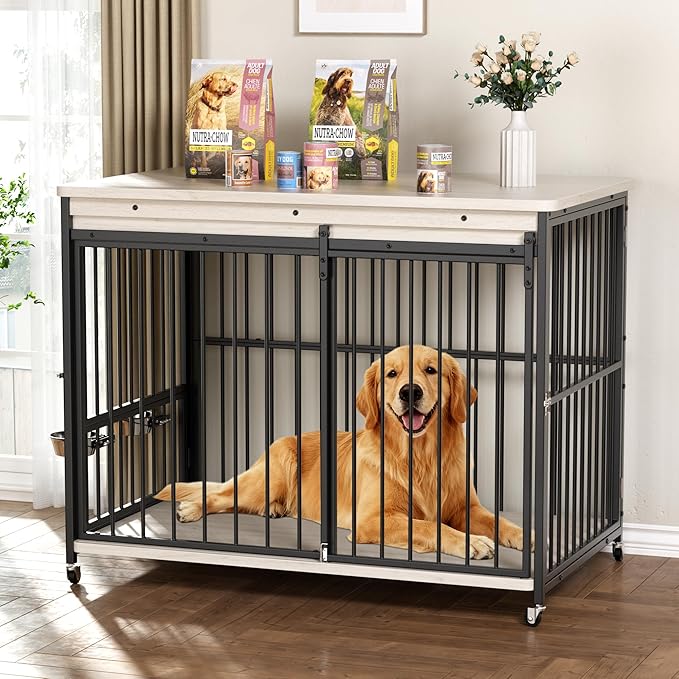 Dog Crate Furniture, 47’’ Wooden Dog Kennel Indoor with Sliding Front Door, Multi-Side Openings & Feeding Window Pet Cage House as TV Stand, End Table(Beige)