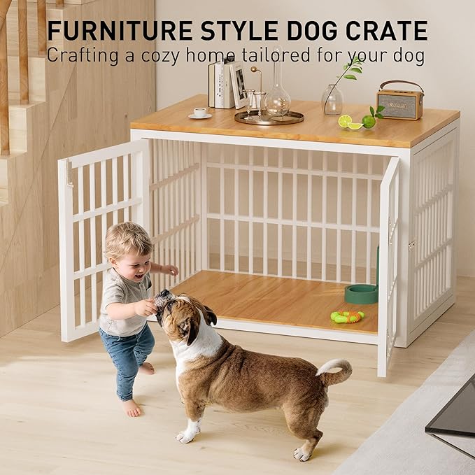 Heavy Duty Dog Crate Furniture for Large and Medium Dogs, Dog Kennel Indoor Furniture, Indestructible Metal Crate with Double-Doors, Dog Crate End Table, Chew-Resistant, 38 Inch White