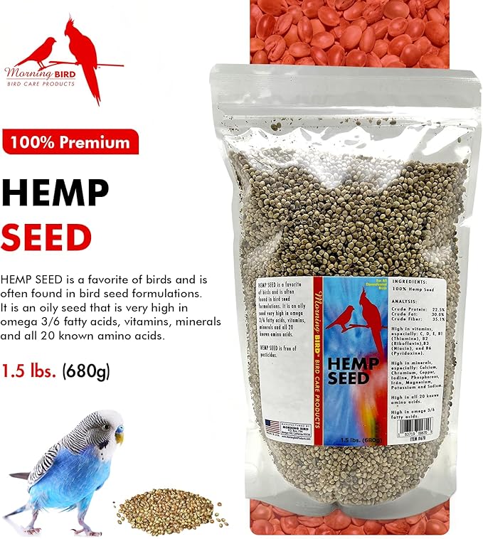 Morning Bird Hemp Seeds 1.5 lbs – Natural Superfood Seed – High in Natural Protein, Healthy Fats, Omega 3 and 6 Fatty Acids, Delicious Natural Flavor, Supports Feather Growth & Overall Health