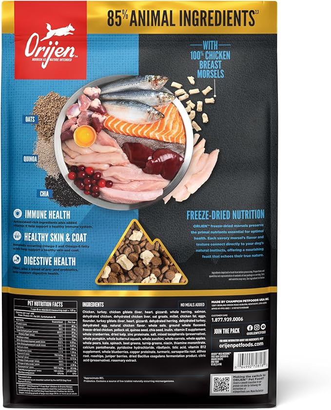 ORIJEN Wild Reserve Dry Dog Food Free-Run Chicken & Grains Recipe 12lb Bag