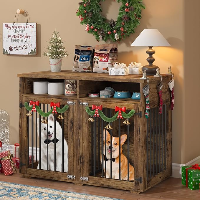 Furniture Dog Crate for Two Dogs, 41 Inch Farmhouse Style Dog Kennel with Removable Divider and Thickened Desktop, Heavy-Duty Base for Small to Medium Dogs, Rustic Brown