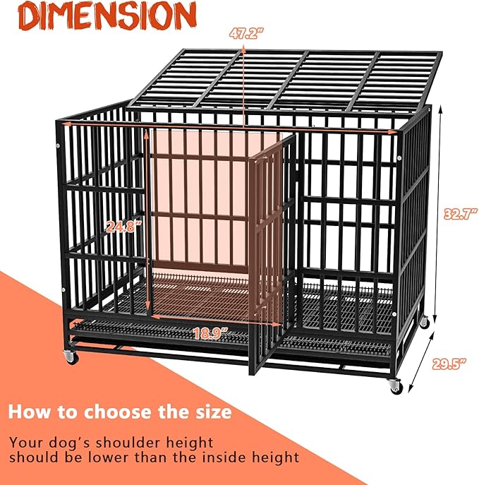 LEMBERI 48 Inch Heavy Duty Indestructible Dog Crate, Escape Proof Double Door Dog Kennel with Lockable Wheels, High Anxiety Extra Large Dog Cage Indoor Use, with Removable Tray