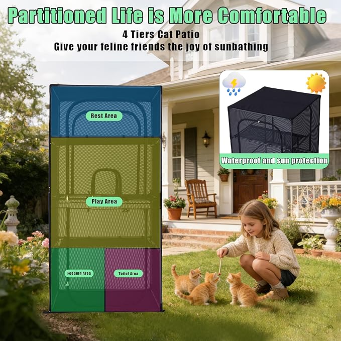 Catio Outdoor Cat Enclosure,4 Tiers Window Catio,Upgraded Mesh Cat Enclosure Sturdy and Durable with Multiple Doors Easy to Clean(31.4“L× 31.4”W ×63" H)