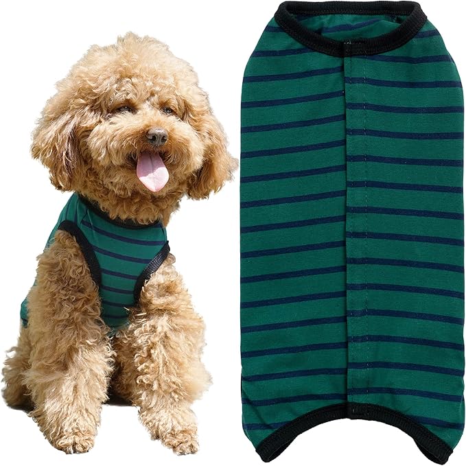 Dog’s Recovery Suit Post Surgery Shirt for Puppy, Wound Protective Clothes for Little Animals(Green Black Stripe-l)