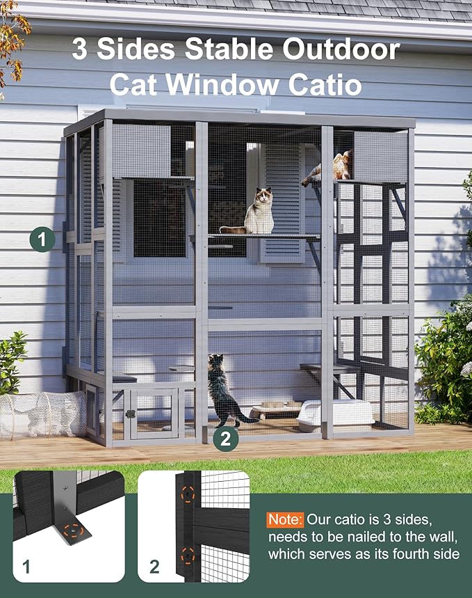 Large Catio Outdoor Cat Enclosure, Wall-Mounted Window Catio for Multiple Cats with Cats House, Multi-Level Platform, Scratching Post and Waterproof Cover, Outside Kitty Enclosure, Grey