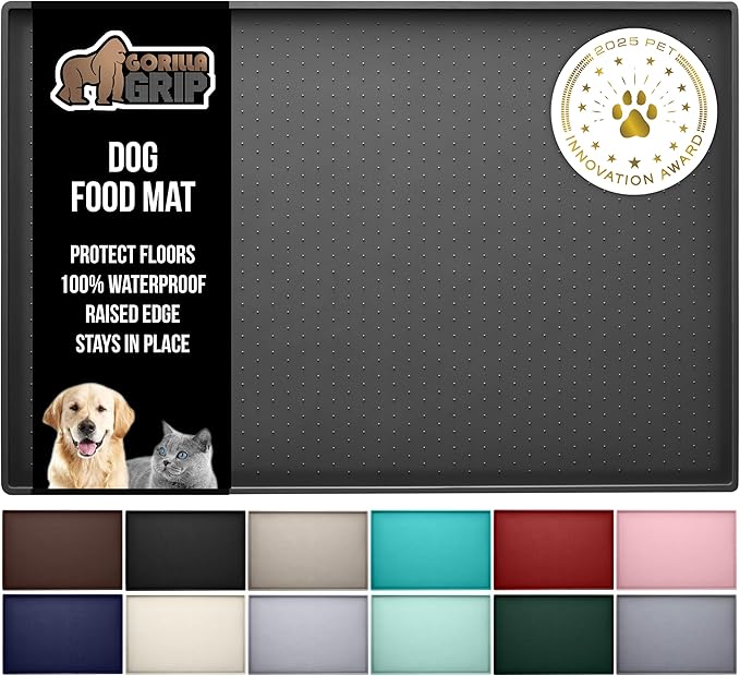 GORILLA GRIP 100% Waterproof Raised Edge BPA Free Silicone Pet Feeding Mat, Dog Cat Food Mats Contain Spills Protects Floors, Placemats for Cats and Dogs Water Bowl, Pets Accessories 16x10, Charcoal