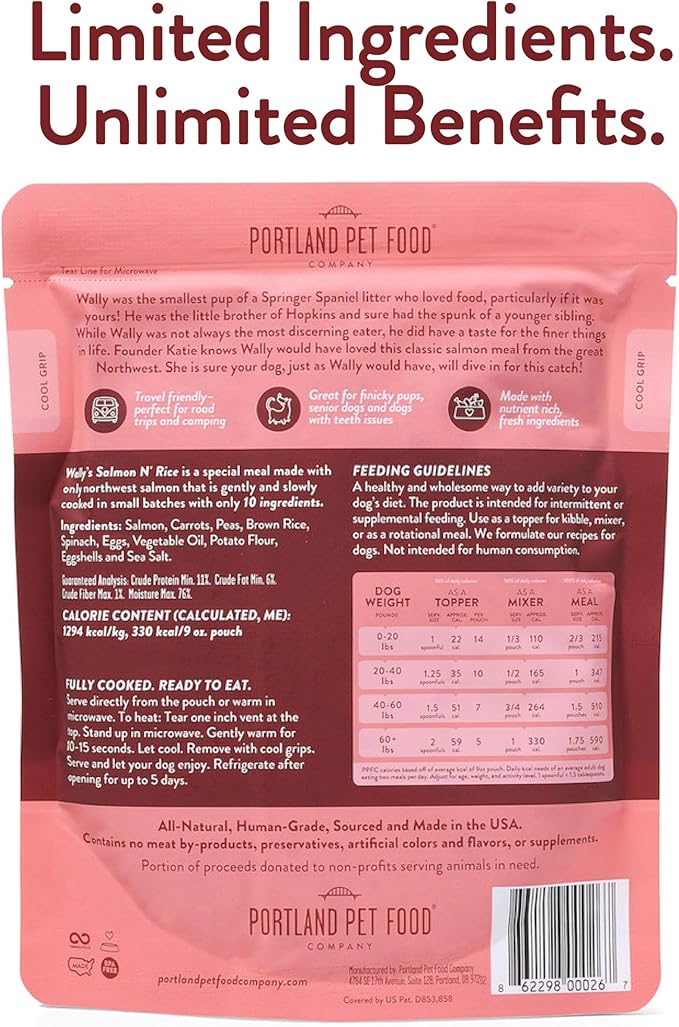 Portland Pet Food Company Fresh Dog Food Pouches Human-Grade Toppers Wet Pet Meal & Mix-Ins - Gluten-Free Limited Ingredient Wally’s Salmon N’ Rice - Large & Small Breed, Puppy to Senior - 8 Pack