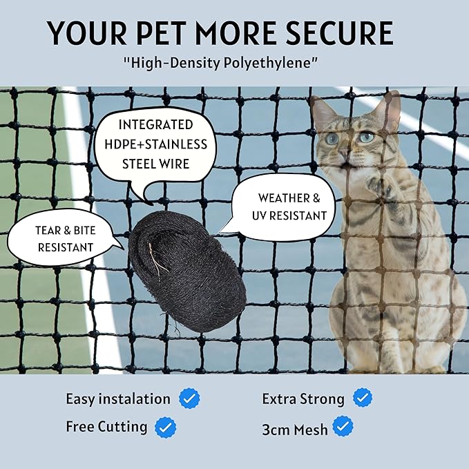 Cat Netting Balcony, 10x20 ft Stainless Steel Reinforced Bite Tear UV and Weather-Resistant Anti-Fall Netting for Pets, Safety Net for Cat, Small Catio for Apartment Balcony Protection