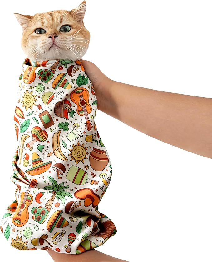 29.5" Cat Grooming Wrap,cat wrap for Cutting Nails,Self-Adhesive cat Swaddle wrap cat Restraint cat wrap Blanket for Medicine, Nail Clipping, Teeth Brushing,White Guitar(Within 16lbs)