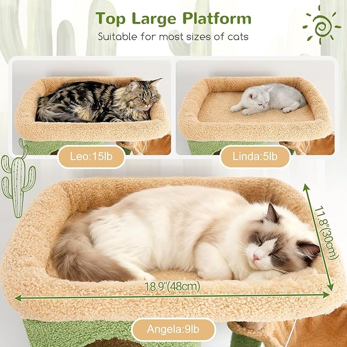 Globlazer Corner Cactus Cat Tree 66 inch Multi-Level Cactus Climbing Tower Kitty Condos Cat Scratching Tower for Indoor Multiple Cats with Large Platform, 3 Cat Caves, F66, Green