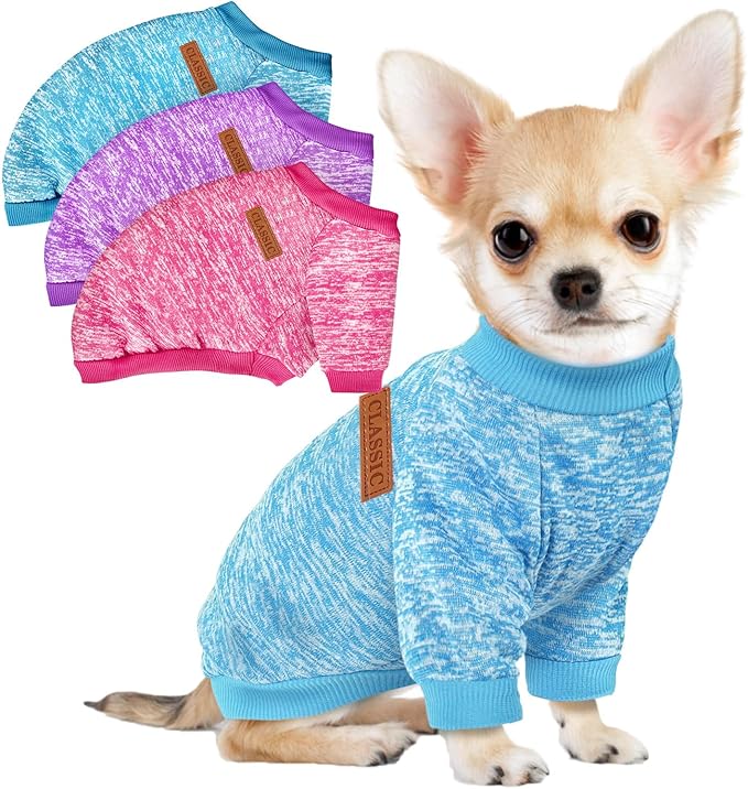 3 Pack Dog Sweaters for Small Dogs Girl Boy Winter Fleece Clothes Warm Soft Dog Sweatshirt Outfit for Dogs Cats Pet Apparel (Rose+Light Blue+Purple, Small)