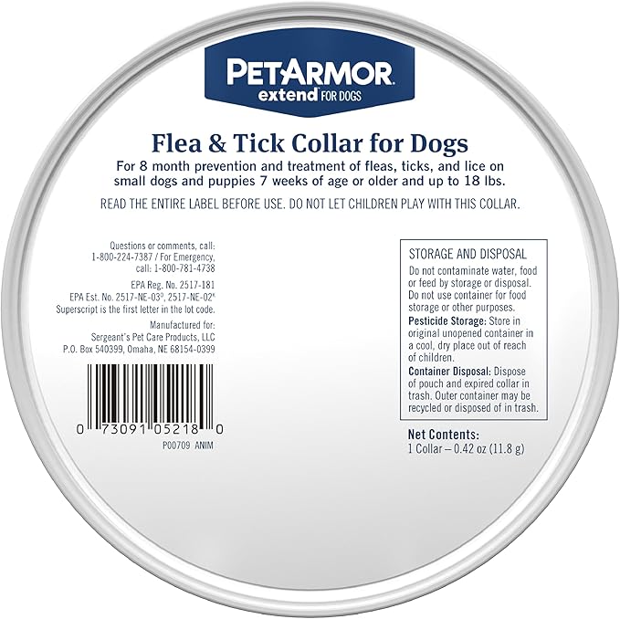 PetArmor Extend Flea & Tick Treatment & Prevention Collar for Small Dogs up to 18 lbs., 8 Months of Protection, Odorless & Non-Greasy, Waterproof, Kills Fleas, Ticks, and Flea Larvae, 2 Count