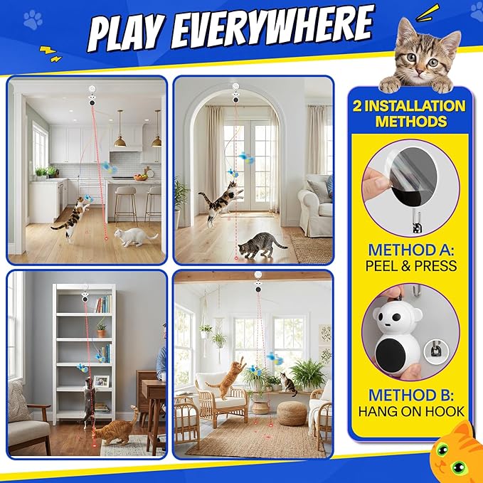 Interactive Cat Toys for Indoor Cats - 2 in 1 Automatic Laser Pointer Cat Toy with Feather Flying Bird，Smart Moving Mouse Wand Toy with 2 Modes, Auto On/Off Hanging Toys for Bored Kitten & Adult Cats