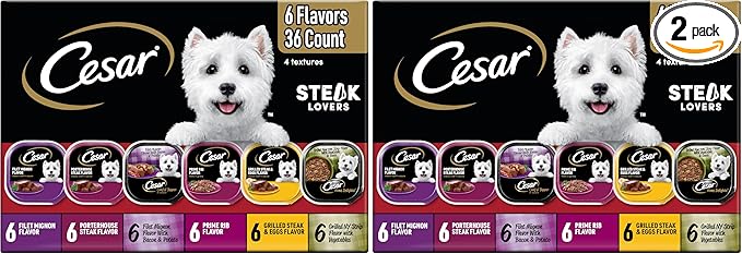 Cesar Wet Dog Food Steak Lovers Variety Pack,Adult,Wet Food for Dogs with Real Meat,3.5 oz Easy Peel Trays,36 Count (Pack of 2)