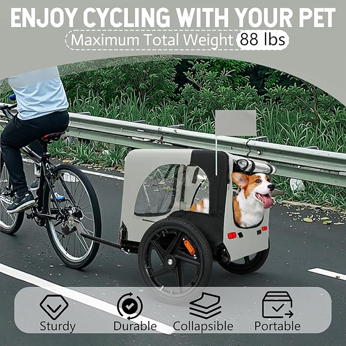Anwick Dog Bike Trailer, Heavy Duty Dog Trailer for Bicycle, Cart Pet Bike Carrier with 3 Doors, 16" Wheels, Flag, Collapsible to Store, Pet Cart Bicycle Carrier for Small and Medium Pets