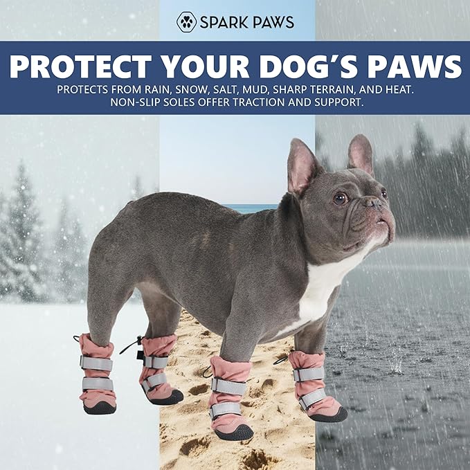 Spark Paws Dog Shoes, Waterproof Dog Boots for Medium to Large Dogs, Non Slip, Breathable Dog Booties and Paw Protectors - 4PCS Doggie Hiking Boots with Reflective Straps - Pink, Size 3