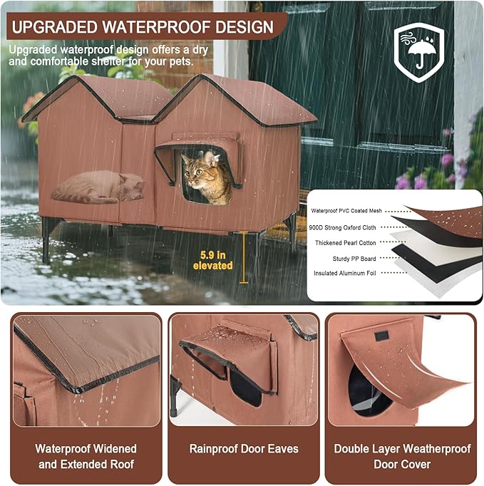 Extra Large Heated Outdoor Cat House Weatherproof, Insulated Outdoor Heated Cat House for Outside with Heater, Elevated Outdoor Feral Cat Shelter for Multiple Cats Small Dogs (Brown, XL)
