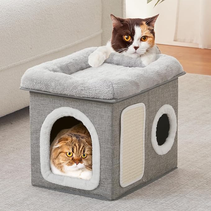 WINDRACING Cat Beds for Indoor Cats - Cat House for Pet and Foldable Cat Cave Bed with Scratch Pad, Cat Hideaway Condo for Kitten, 16.9x12.8x14.2 inches, Light Grey