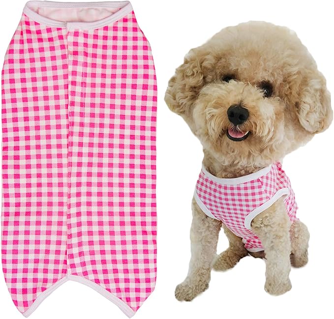 Dog’s Recovery Suit Post Surgery Shirt for Puppy, Wound Protective Clothes for Little Animals(Pink White Plaid-s)
