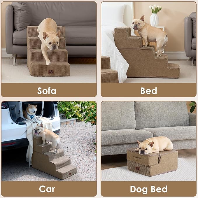 EHEYCIGA Dog Stairs for Bed 18" H, 4-Step Dog Steps for High Bed, Pet Steps for Small Dogs and Cats, Non-Slip Balanced Pet Ramp Indoor, Camel