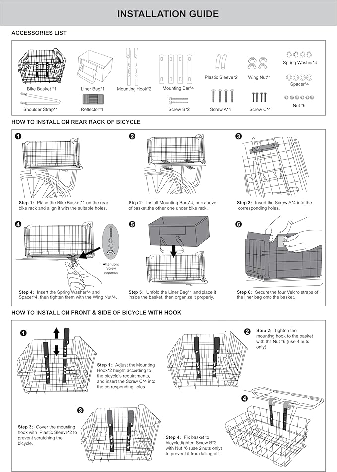 Bike Basket Suit for Front/Rear/Side of Bicycle with Removable Liner Bag, Dog Bike Basket Carrier for Travel, Large Size Basket More Storage, Ebike Accessoriest for Pets, Fruit & Grocery