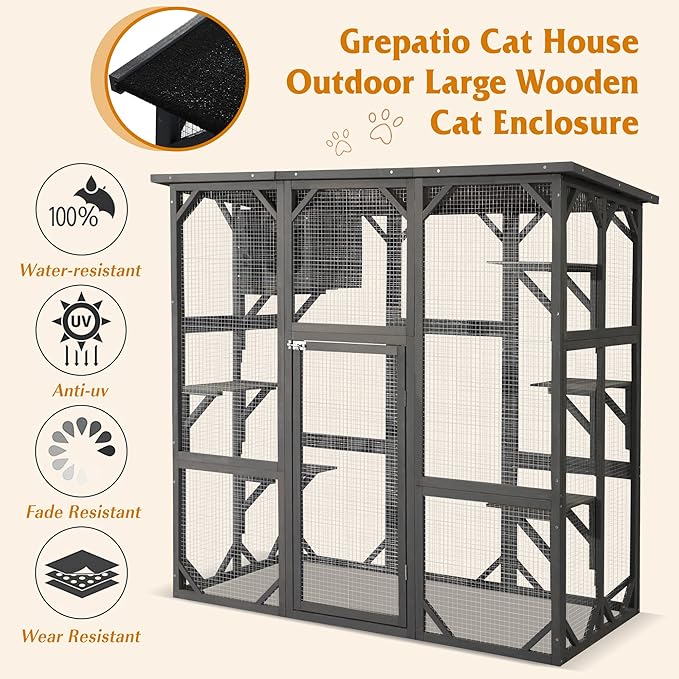 Grepatio Cat Enclosure Large Outdoor Catio Wooden Cat House with Weatherproof, Cat Cage Condo Indoor Playpen with Platform and Small House (Grey)