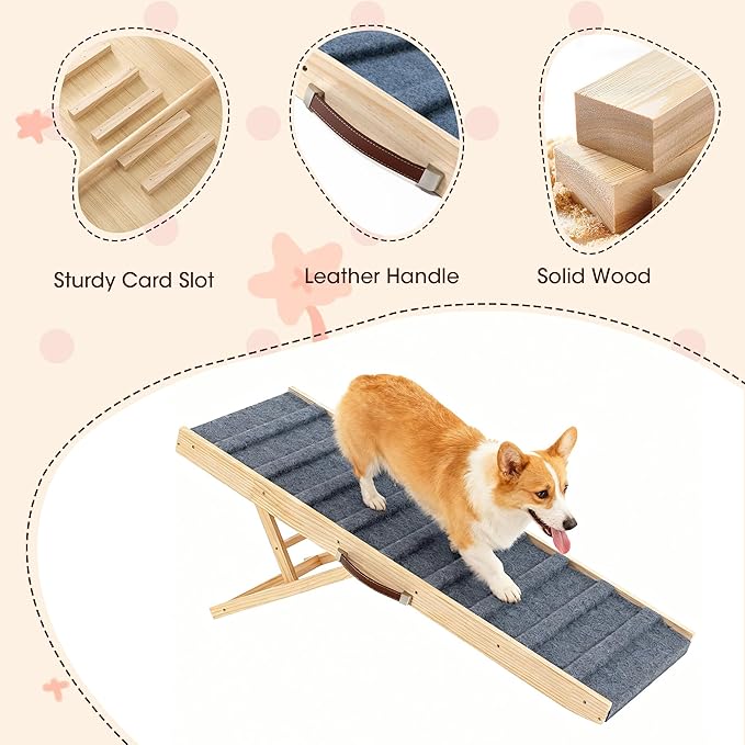 Dog Ramp for Bed, 47.3" Long Wooden Pet Ramp for Small & Large Dogs, 4 Adjustable Heights 13.8" to 26" with Anti-Slip Carpet & Carrying Handle Holds, Portable Dog ramps for Car, Bed, Couch, Outdoor