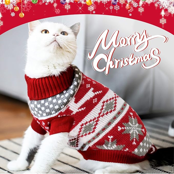 HYLYUN Cat Christmas Sweater 2 Packs - Puppy Christmas Sweater Pet Reindeer Snowflake Sweaters for Kittys and Small Dogs M