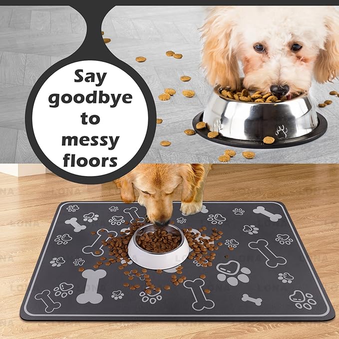 Pet Feeding Mat,Rapid Absorbent Mats for Dog Cat Food, Dog Placemat Water Bowl Mat with Rubber Backing,Messy Drinkers to Protect Floors, Pet Accessories 16"×24" Dark Grey