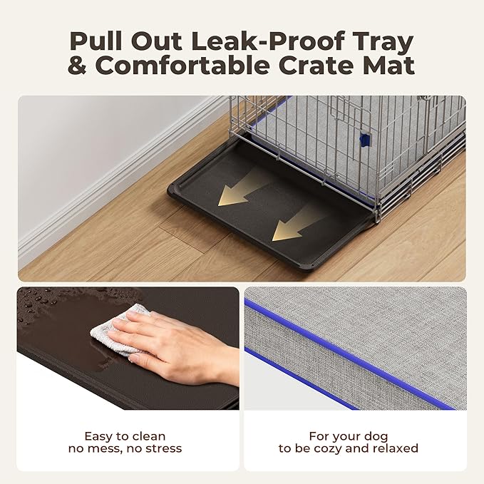 42 Inch Sliding Door Dog Crate - Heavy Duty Collapsible Dog Crates for Large Dogs (70-100lbs), Double Door Metal Dog Kennel Cage with Soft Mat, Leak-Proof Tray, Easy Foldable & Assembly