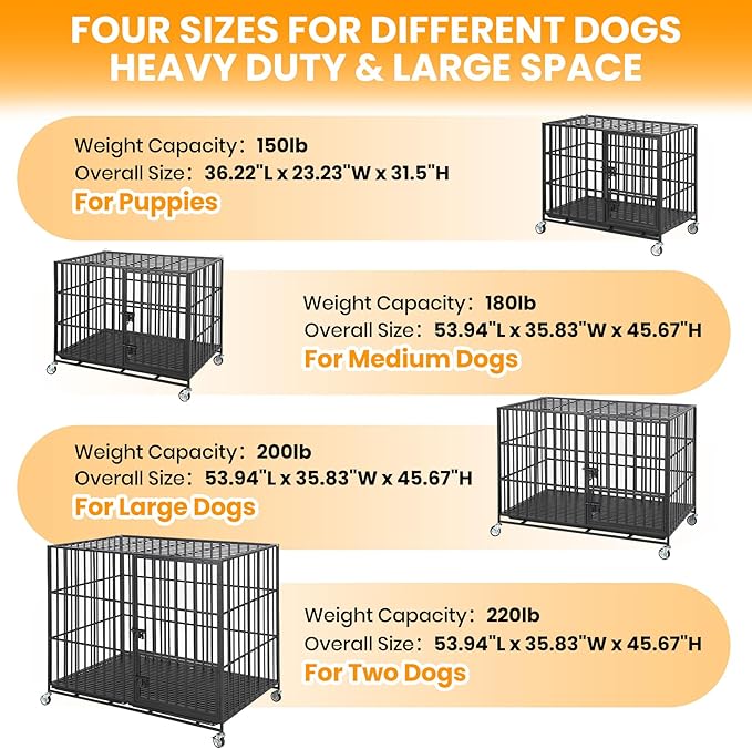 42 Inch Heavy Duty Dog Crate with Wheels, Escape Proof Metal Kennel with 3 Doors & Removable Tray for Large Medium Dogs, Black