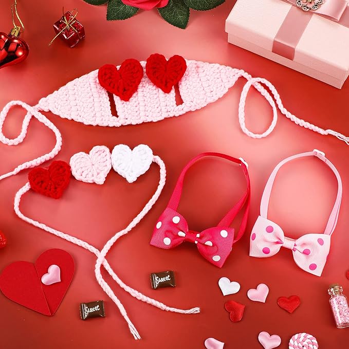 MTLEE 4 Pcs Valentines Day Heart Headband Neck Bow for Cat 2 Pet Neck Bow Cat 2 Headbands Valentines Day Headband with Ear Holes and Chin Straps Adjustable Dog Bows Tie Pink Red Heart Decor for Pets