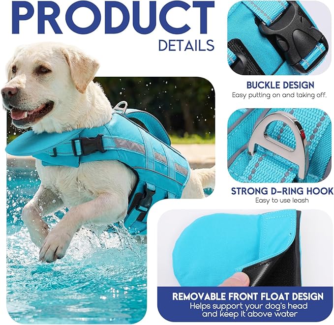 ASENKU Removable Front Float Dog Life Jacket, High Buoyancy Dog Life Vest with Reflective Strips & Rescue Handle for Swimming & Boating, Adjustable Life Jacket for Dogs(Blue L)