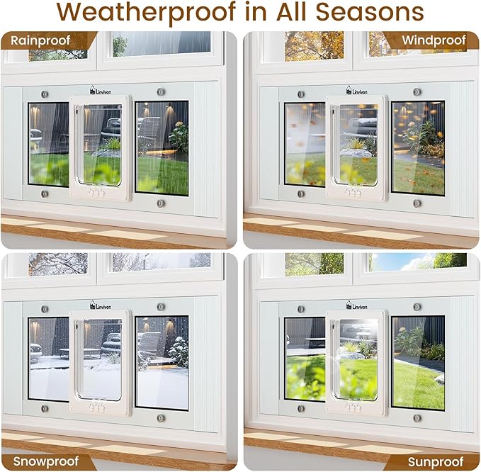 Cat Door for Window, Quick Installation Adjustable Width of 23"-28", Cat Window Door with 4 Locking Modes, Magnetic Closure Design, Weatherproof Aluminum Frame Cat Door Window Insert