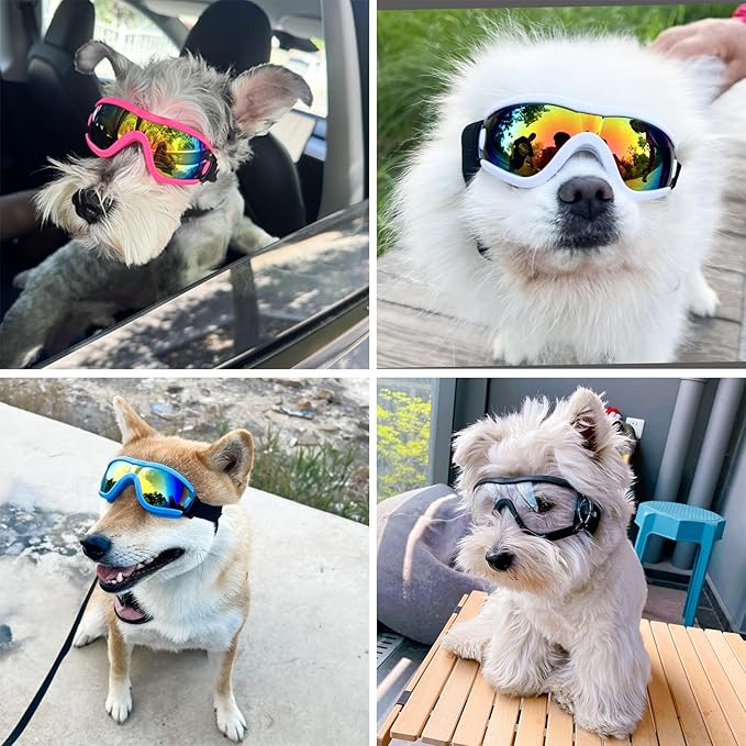 Dog Goggles Small Breed Dog Sunglasses with Adjustable for UV Protection Eyewear Doggy Doggie Puppy Glasses Anti-Fog Wind Dust Snowproof (Blue Frame Red Lens)