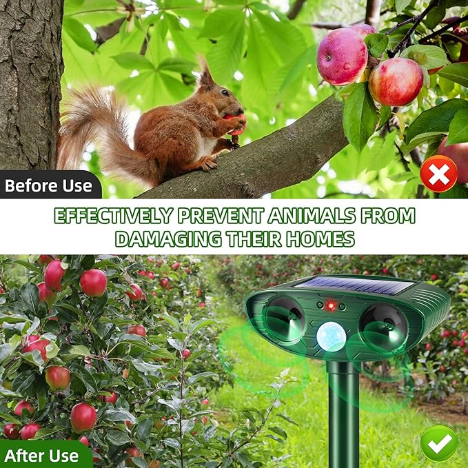 2026 Solar Animal Repellent Ultrasonic Outdoor Squirrel Racoon Fortress pro,Cat Deer Repellent with Motion Sensor,Waterproof Mouse Dog Skunk Rabbit Deterrent for Yard,2 Pack