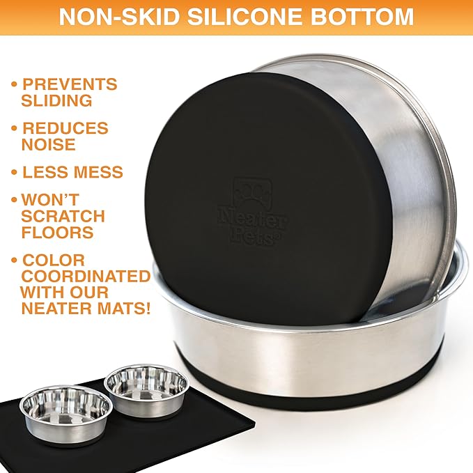 Neater Pet Brands Stainless Steel Dog Bowls with Non-Slip Rubber Bottom – Set of 2, 6 Cup (48 oz), Black - Heavy Duty Metal Dog Bowl, Dishwasher Safe, Food or Water Bowl, Ideal for Large Dogs