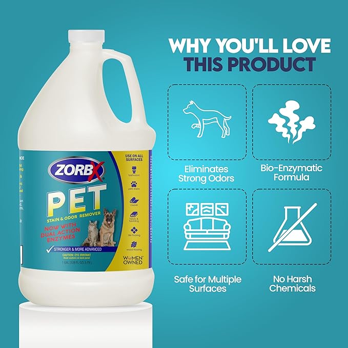 ZORBX Pet Stain and Odor Remover 128 FL Oz - Dual Action Pet Odor Solution for Carpet, Furniture, Dog & Cat Urine